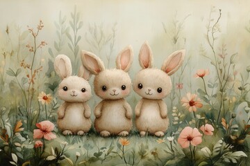 Three cute, fluffy rabbits standing in a flower-filled meadow.