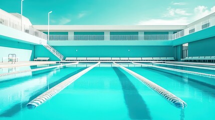 Obraz premium Indoor swimming pool with turquoise water, white lane dividers, and light blue walls.