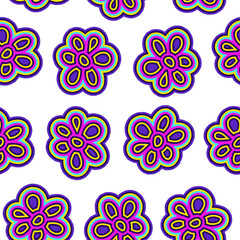 A seamless pattern with groovy hippie flower elements and geometric shapes in bright colors on a white background. Great for backgrounds, wrapping paper, and fabric.