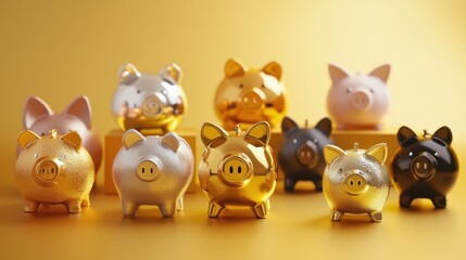 Obraz premium A group of metallic piggy banks arranged on a gradient gold background