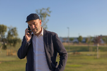 Middle-Aged Man Walking Through a Park While Talking on His Mobile Phone in Bright Daylight