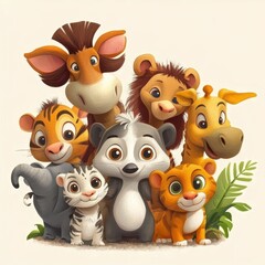 Naklejka premium Adorable Cartoon Animals Grouped Together In A Friendly Pose
