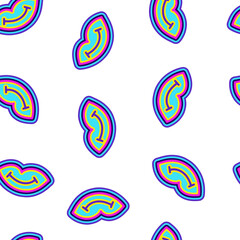 A seamless pattern with groovy hippie lips elements and geometric shapes in bright colors on a white background. Great for backgrounds, wrapping paper, and fabric.