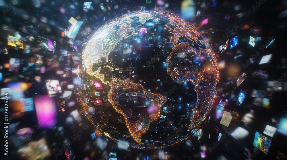 Poster abstract digital globe with global network connections and images of media content floating around i