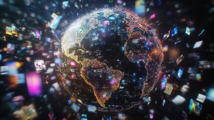 Abstract digital globe with global network connections and images of media content floating around it, representing the world's interconnectedness in modern communication technology Generative AI