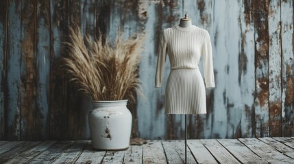 A knitted pencil skirt in neutral gray displayed on a rustic wooden backdrop