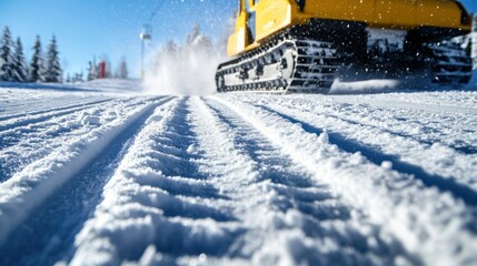 Fototapeta premium Snow Groomer Tracks on Winter Landscape with Bright Blue Sky