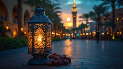 Illuminated lantern with dates at sunset, near mosque.