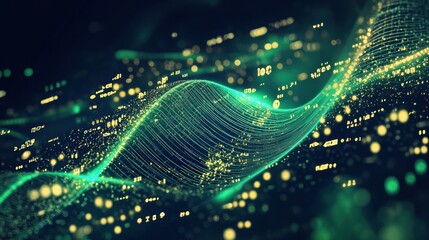 Abstract green wave of data points and glowing particles on dark background.