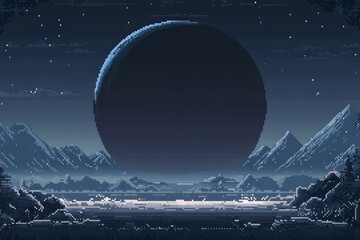 A serene landscape under a starry sky with a large moonlit planet.