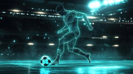 Futuristic soccer player dribbling a ball in a digital stadium.