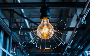 illuminated light bulb, Broken lightbulb still glowing in industrial setting.