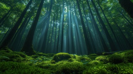 Obraz premium A serene forest scene with sunlight filtering through tall trees, illuminating green moss.