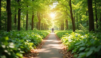 Fototapeta premium Person walking peacefully along a sunny urban forest path, Earth Day