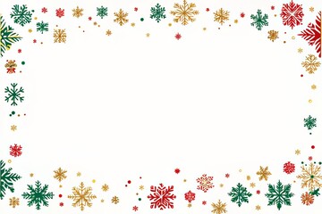 Festive border featuring colorful snowflakes in red, green, and gold.