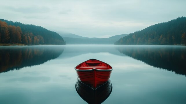 Serene red rowboat on a still lake, misty mountains in background.