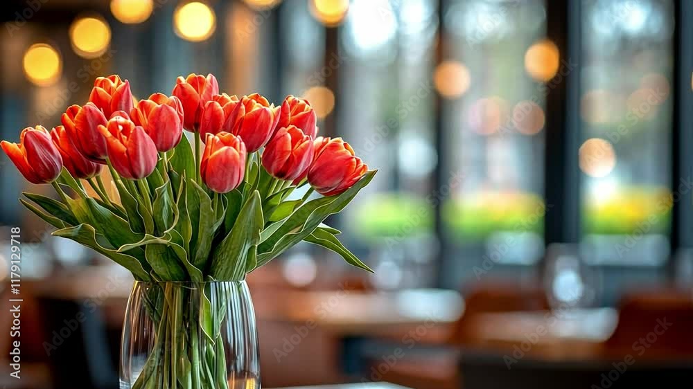 Poster a beautiful bouquet of orange tulips is placed in a clear vase on a table. the modern cafe features 
