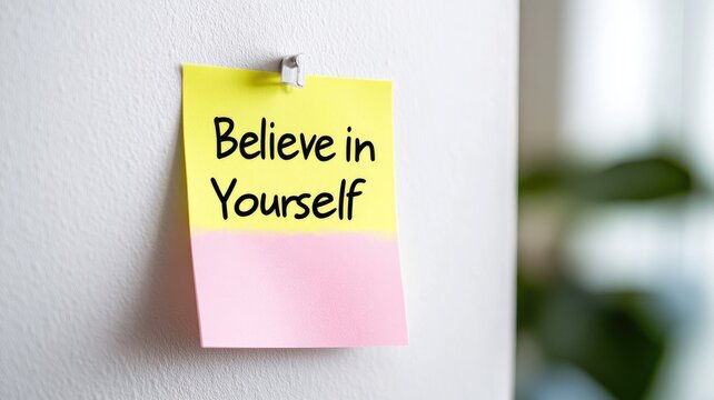 Yellow and pink sticky note with motivational quote pinned to wall