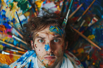 Generative AI image of talented artist passionately painting with vibrant colors on a large canvas in an art studio