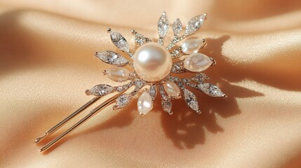 A pearl and diamond hairpin glowing on a subtle peach-toned backdrop