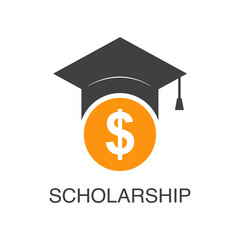 Scholarship logo. Diploma and graduation hat with dollar symbol. Education financial support icon vector illustration.