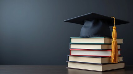 Graduation cap and stack of books isolated on dark background with copy space