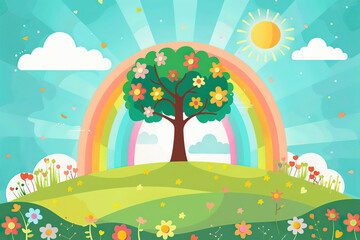 Whimsical illustration of a tree under a rainbow in a sunny meadow.