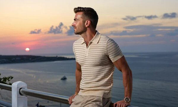 A man in a short-sleeved polo shirt and beige chinos leans against a railing, looking out over the sunset sea. 