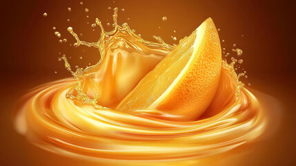 Orange fruit slice with juice splash. Fresh citrus fruit juice realistic vector swirl or splash, healthy vitamin drink whirl droplets. Isolated summer beverage, orange fruit juice whirl flying ripples