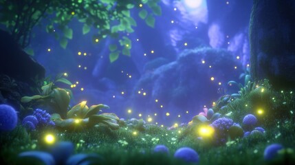 Magical enchanted forest at night with glowing fireflies and fantasy flora.