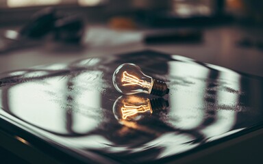 illuminated light bulb, Glowing lightbulb on reflective surface.