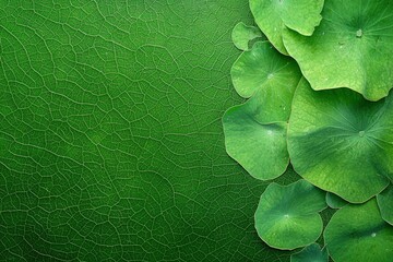A close-up view of lush green lotus plant leaves floating on water.