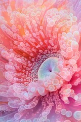 Obraz premium Underwater exploration reveals a vibrant pink anemone with intricate spiral symmetry amidst a colorful coral reef at a serene marine landscape