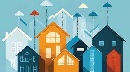 Colorful Illustrated Houses with Floating Cloud Elements in Sky