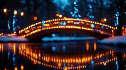 Obraz premium Enchanted Winter Bridge: A Night of Lights and Reflections