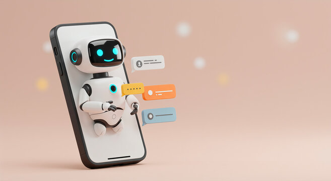 Robot, phone and chat for communication, technology and digital with ai for assistance. Smartphone, bot and interface with message, application and support for interaction