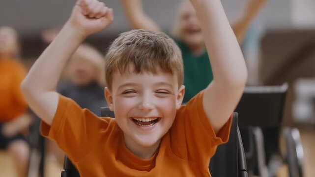 Happy children with disabilities cheering. Bright indoor scene,  concept of inclusion. For social media, for website, steady shot.