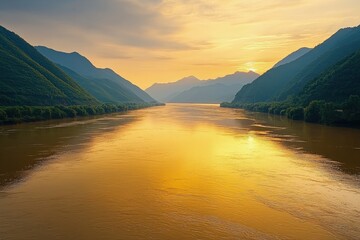 Fototapeta premium A serene view of a river encircled by mountains, offering a picturesque and tranquil natural setting.