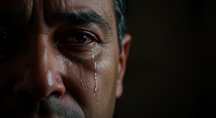 Tears, sad and portrait with middle age hispanic man in dark for depression, emotion and grief. Male person, crying and face for mental health, aging or sorrow