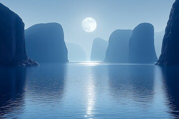 Serene moonlit landscape with tranquil water and majestic cliffs