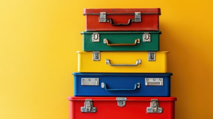 A stack of colorful toolboxes on a bright yellow background