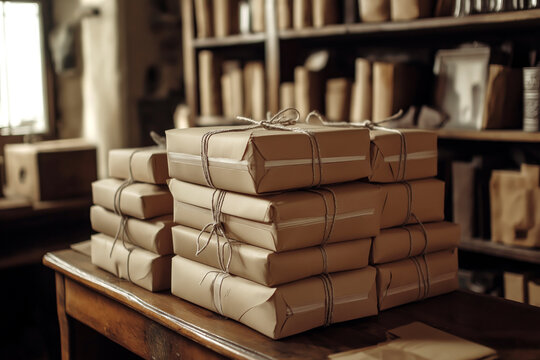 Stacks of neatly arranged brown packages tied with string on a wooden desk.