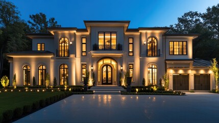 Fototapeta premium Luxurious mansion illuminated at night, showcasing grand architecture, landscaping, and driveway.