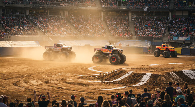 Monster truck, competition and arena with crowd for race, sport, event and entertainment. Vehicle, action, performance, offroad, power and spectacle with show, speed and excitement outdoor