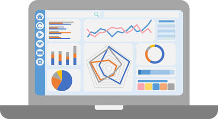 ノートパソコンでビジネス分析画面するグラフィック素材イラスト