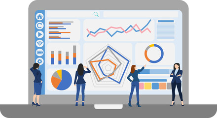 ノートパソコンでビジネス分析画面するグラフィック素材イラスト