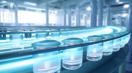 High-speed conveyor belt transporting medical vials, showcasing efficient automation, healthcare logistics, and modern manufacturing in medical industries