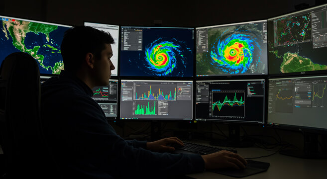 Man, monitor and computer at night for weather analysis, research, technology and meteorology. Data, surveillance and scientist with information, weather map and digital in office for storm andclimate