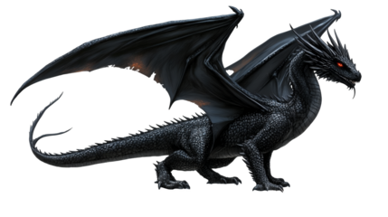 Black dragon with red eyes isolated on a transparent background, PNG