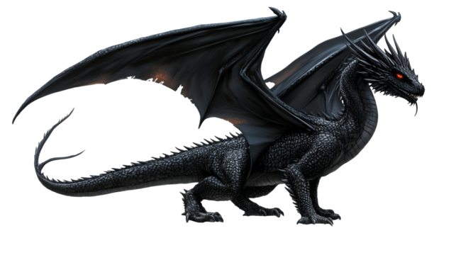 Black dragon with red eyes isolated on a transparent background, PNG